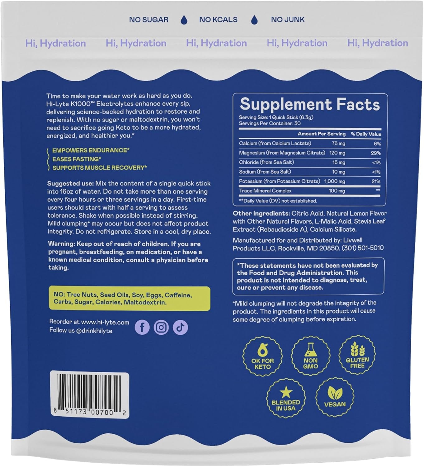 AMOURA Hi-Lyte K1000 Electrolyte Stick Packs – Travel Hydration Powder | Keto Friendly | 30 Servings