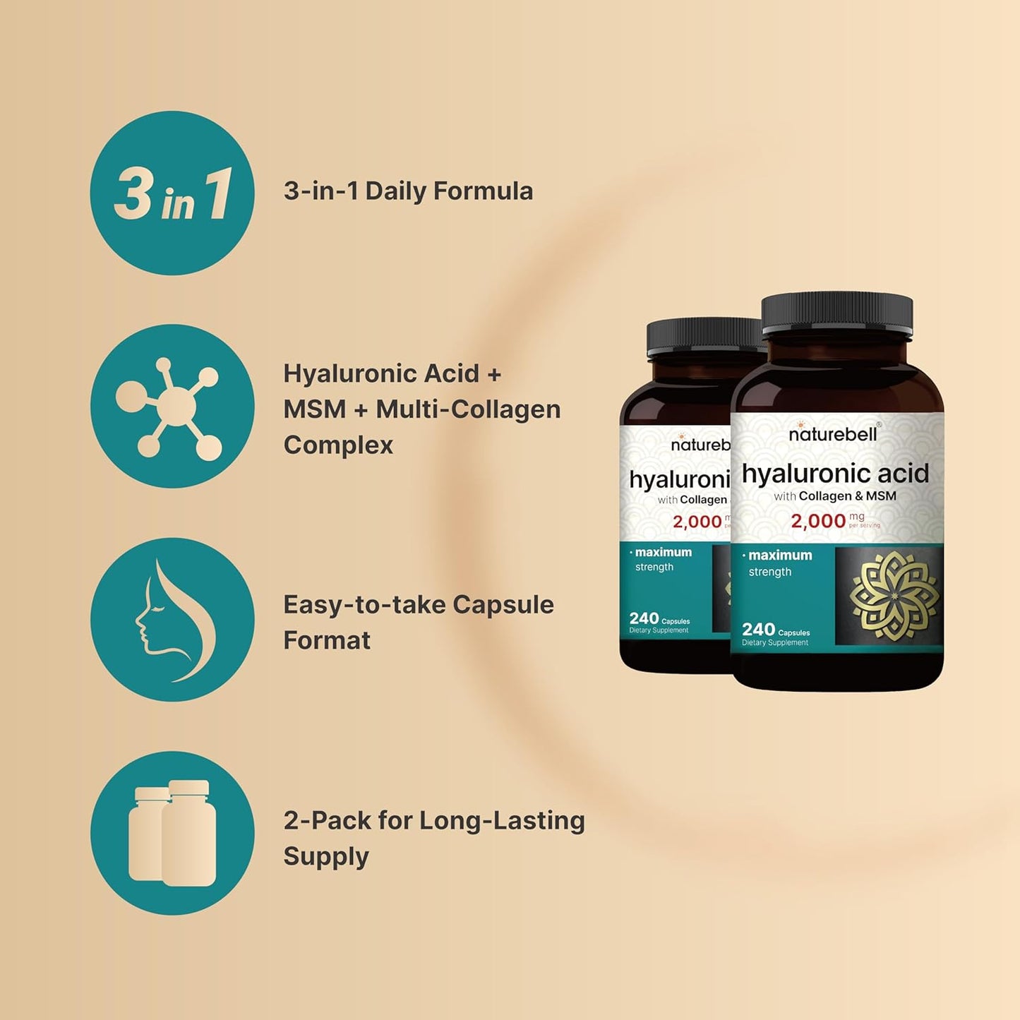 NatureBell Hyaluronic Acid 2,000mg + Collagen & MSM | Advanced Beauty & Joint Support